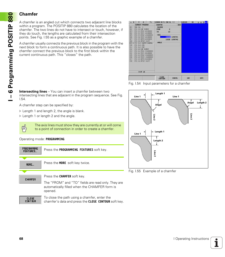 Chamfer, I – 6 pr ogr amming positip 880 | HEIDENHAIN PT 880 User Manual | Page 68 / 151