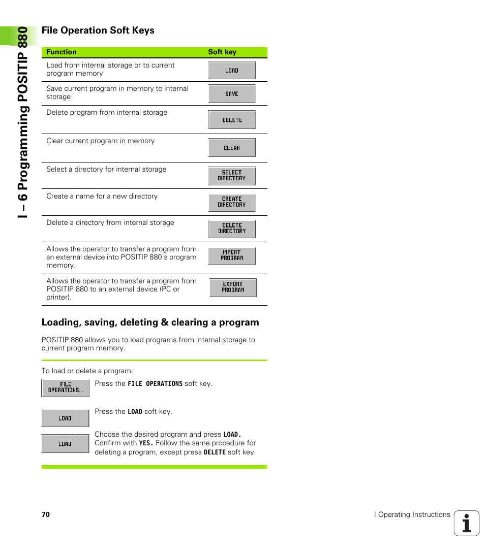 File operation soft keys, Loading, saving, deleting & clearing a program, I – 6 pr ogr amming positip 880 | HEIDENHAIN PT 880 User Manual | Page 70 / 151