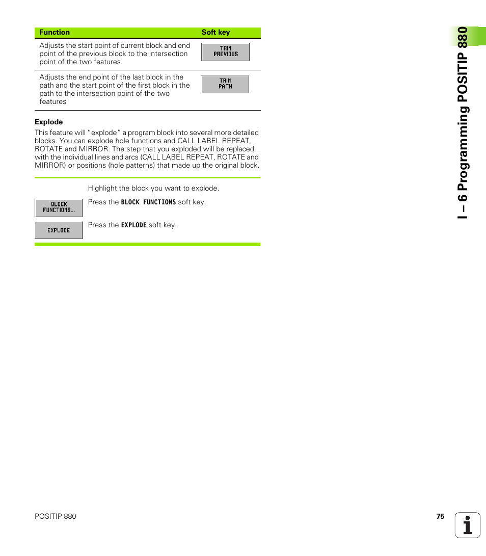 I – 6 pr ogr amming positip 880 | HEIDENHAIN PT 880 User Manual | Page 75 / 151