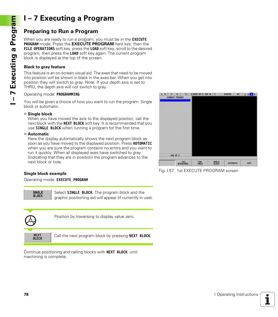 I - 7 executing a program, I – 7 executing a program | HEIDENHAIN PT 880 User Manual | Page 78 / 151