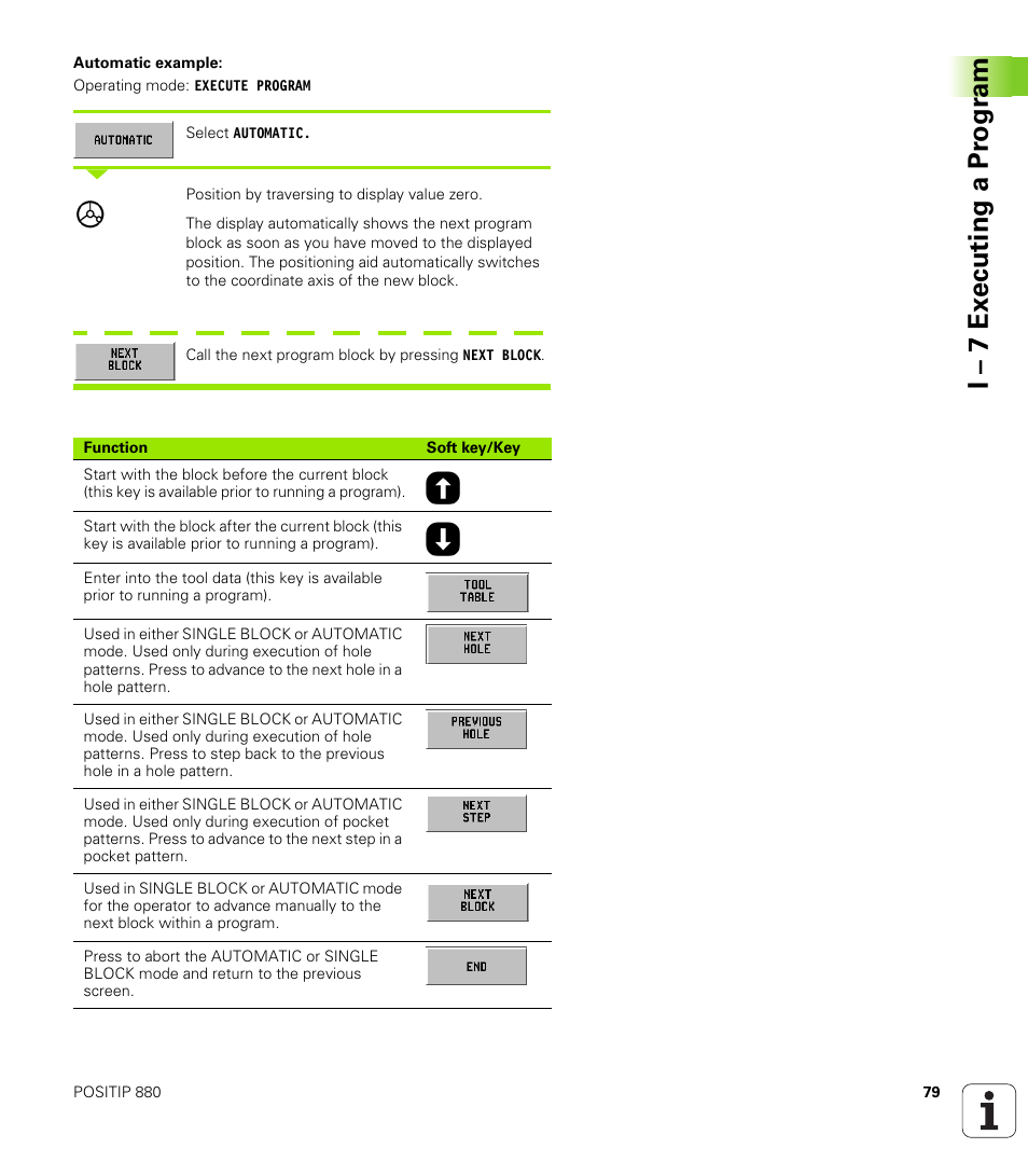 I – 7 ex ecuting a pr ogr am | HEIDENHAIN PT 880 User Manual | Page 79 / 151