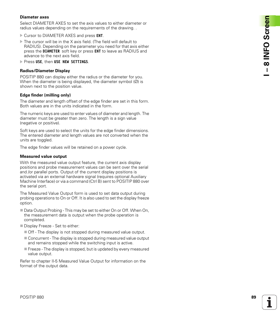 I – 8 info scr een | HEIDENHAIN PT 880 User Manual | Page 89 / 151