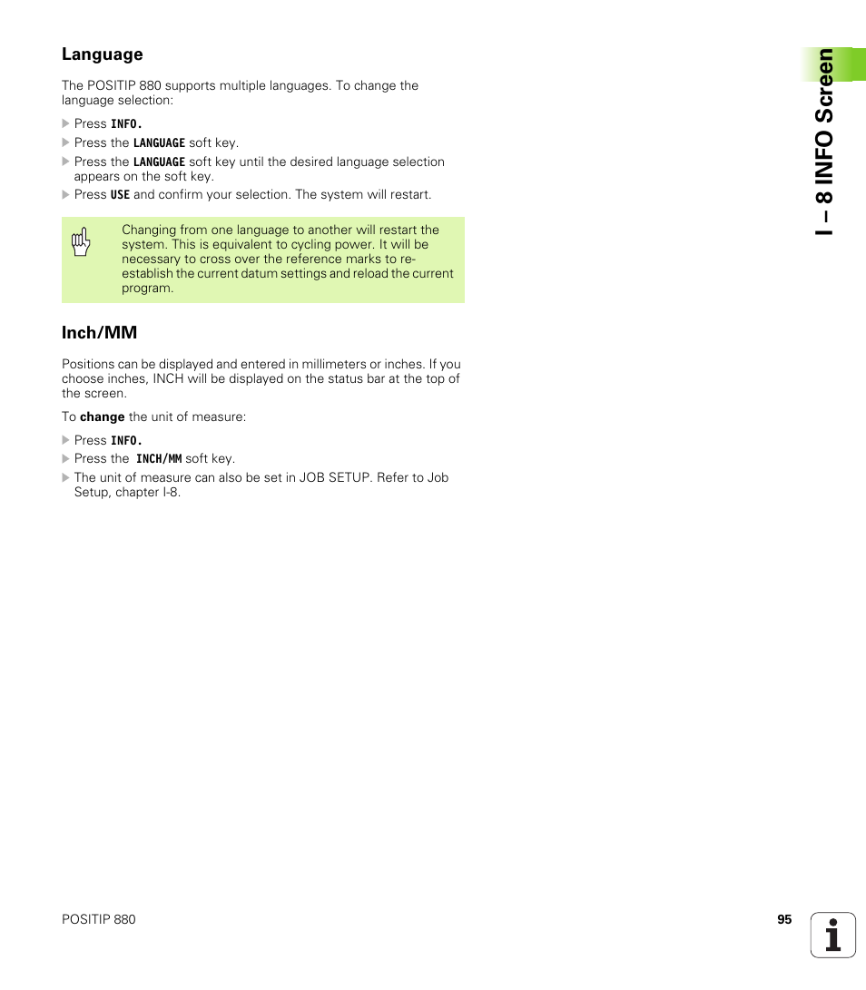 Language, Inch/mm, I – 8 info scr een | HEIDENHAIN PT 880 User Manual | Page 95 / 151