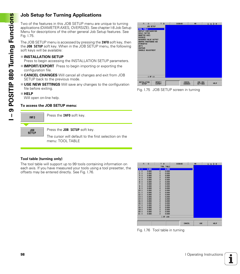 Job setup for turning applications, I – 9 positip 880 t u rn ing f unctions | HEIDENHAIN PT 880 User Manual | Page 98 / 151