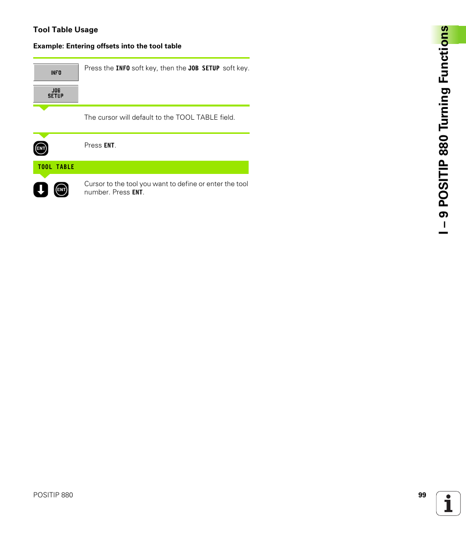 Tool table usage, I – 9 positip 880 t u rn ing f unctions | HEIDENHAIN PT 880 User Manual | Page 99 / 151