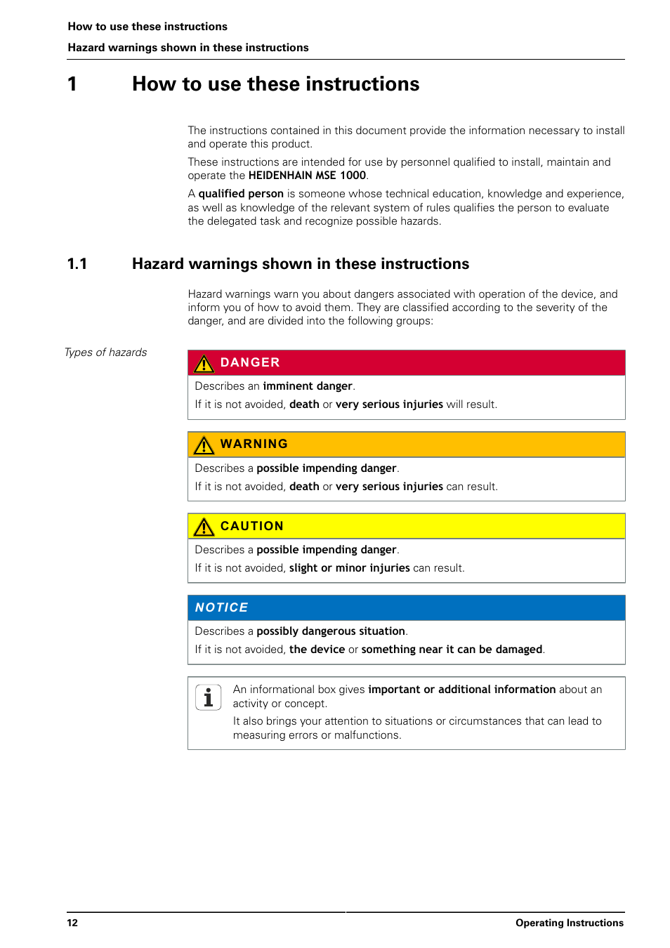 1 how to use these instructions, 1 hazard warnings shown in these instructions, How to use these instructions | 1how to use these instructions | HEIDENHAIN MSE 1000 User Manual | Page 12 / 173