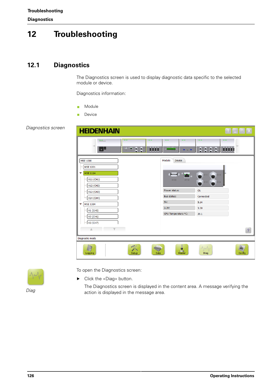 12 troubleshooting, 1 diagnostics, Troubleshooting | HEIDENHAIN MSE 1000 User Manual | Page 126 / 173