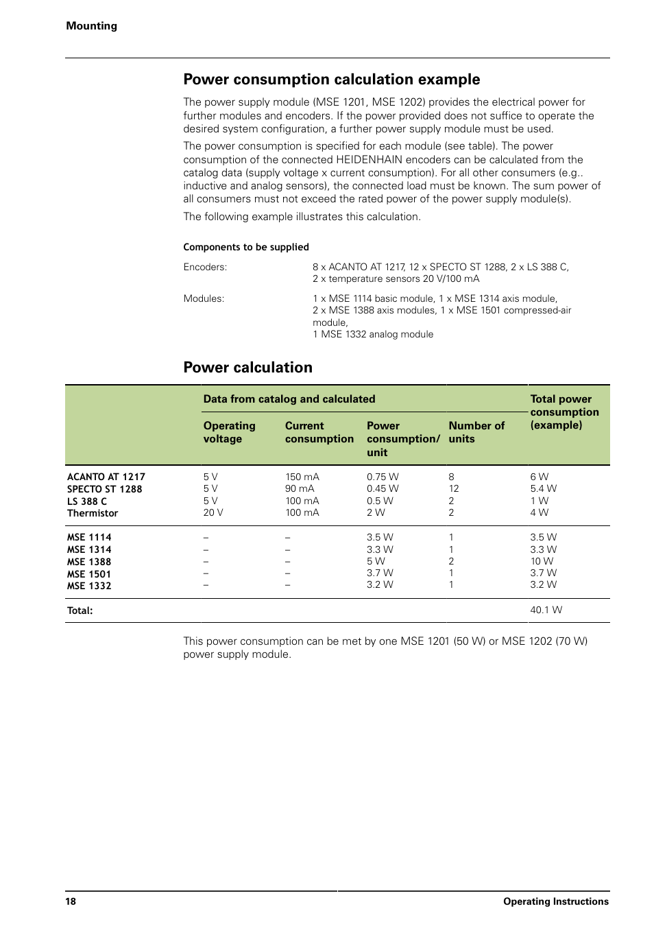 Power consumption calculation example, Power calculation | HEIDENHAIN MSE 1000 User Manual | Page 18 / 173
