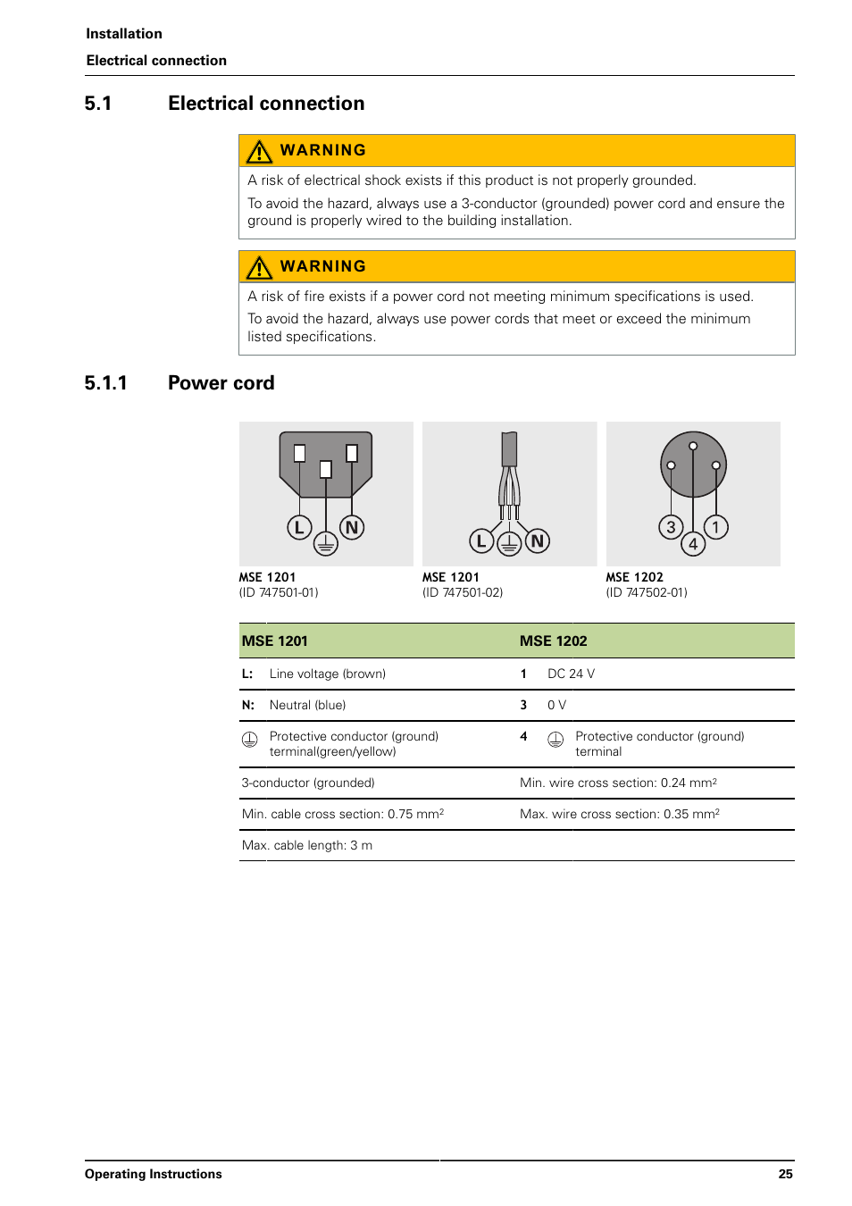 1 electrical connection, 1 power cord | HEIDENHAIN MSE 1000 User Manual | Page 25 / 173