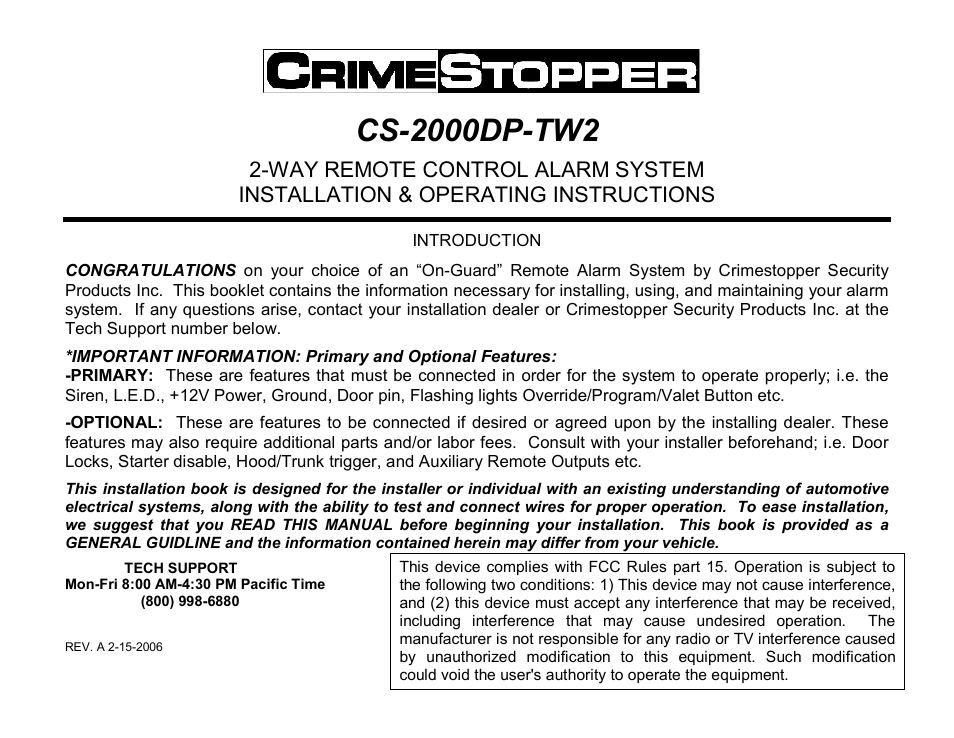 Crimestopper Security Products CS-2000DP-TW2 User Manual | 24 pages