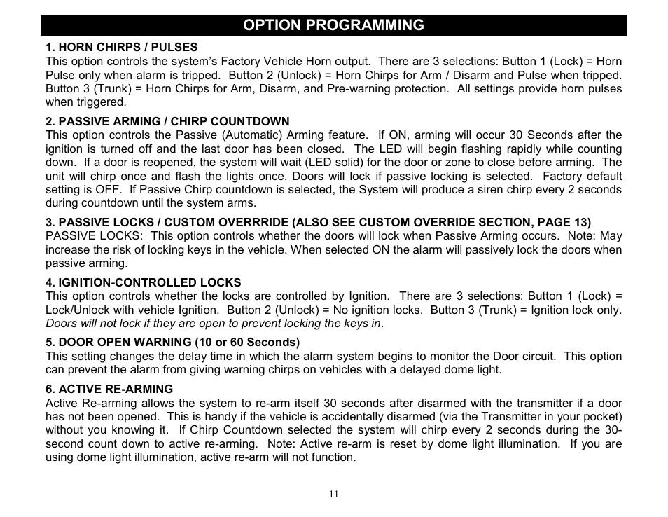 Option programming | Crimestopper Security Products CS-2000DP-TW2 User Manual | Page 11 / 24