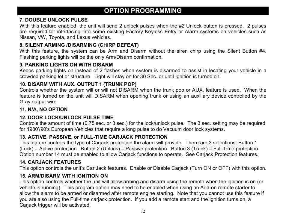 Option programming, N/a, no option | Crimestopper Security Products CS-2000DP-TW2 User Manual | Page 12 / 24