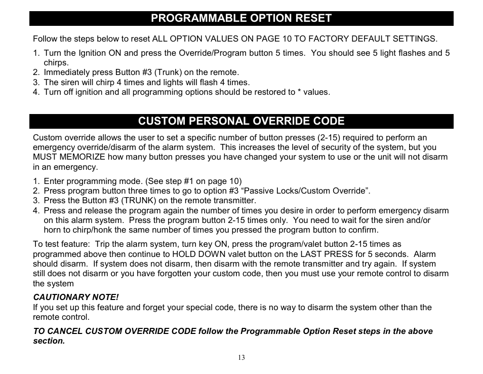 Programmable option reset, Custom personal override code | Crimestopper Security Products CS-2000DP-TW2 User Manual | Page 13 / 24