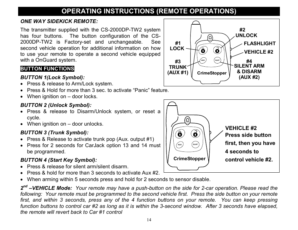Operating instructions (remote operations) | Crimestopper Security Products CS-2000DP-TW2 User Manual | Page 14 / 24
