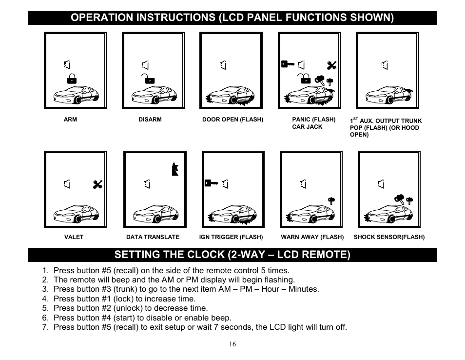 Operation instructions (lcd panel functions shown), Setting the clock (2-way – lcd remote) | Crimestopper Security Products CS-2000DP-TW2 User Manual | Page 16 / 24