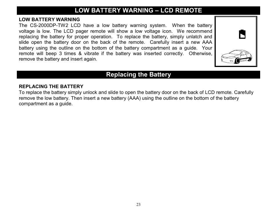 Low battery warning – lcd remote, Replacing the battery | Crimestopper Security Products CS-2000DP-TW2 User Manual | Page 23 / 24