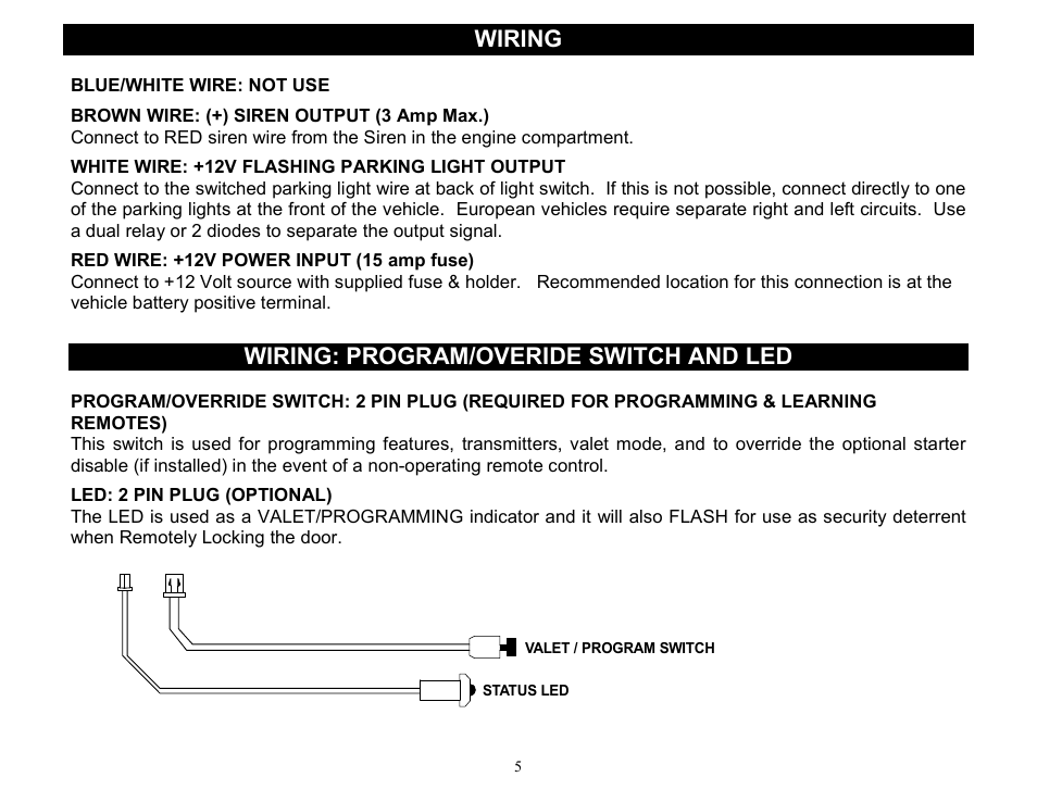 Wiring, Wiring: program/overide switch and led | Crimestopper Security Products CS-2000DP-TW2 User Manual | Page 5 / 24