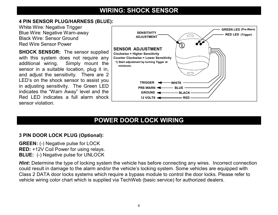 Wiring: shock sensor, Power door lock wiring, 3 pin door lock plug (optional) | Crimestopper Security Products CS-2000DP-TW2 User Manual | Page 6 / 24