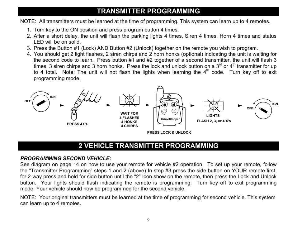 Transmitter programming, 2 vehicle transmitter programming, Or 4 | Code. turn key off to exit programming mode | Crimestopper Security Products CS-2000DP-TW2 User Manual | Page 9 / 24