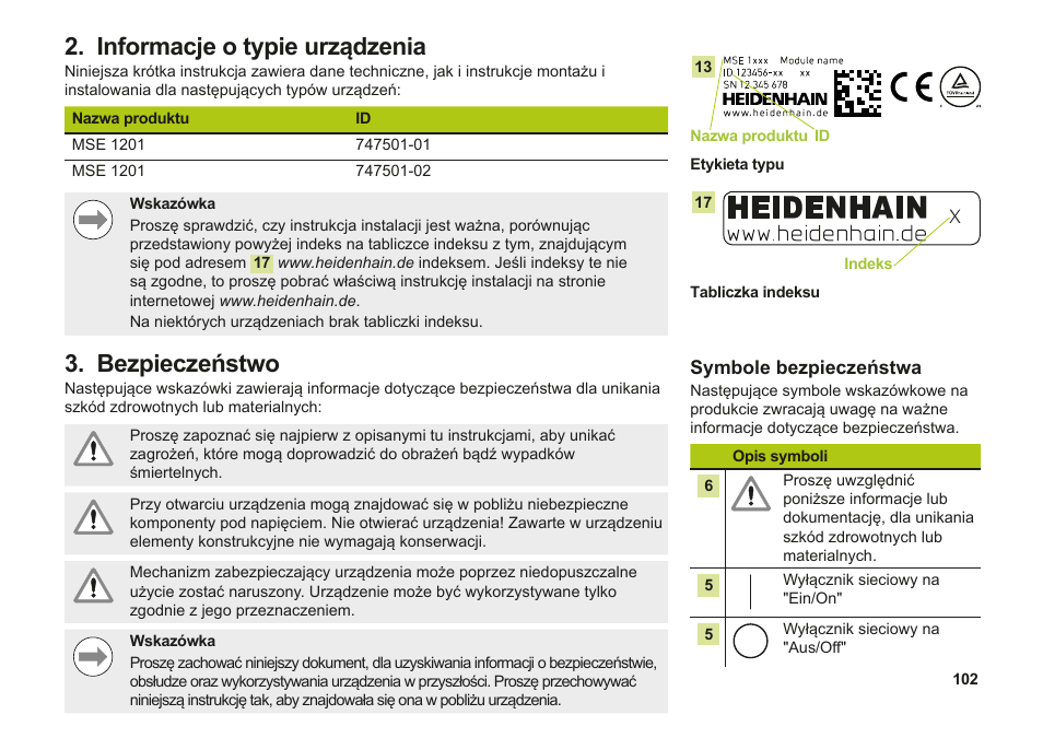 Informacje o typie urządzenia, Bezpieczeństwo, Informacje o typie urządzenia bezpieczeństwo | HEIDENHAIN MSE 1000 Installation User Manual | Page 102 / 176