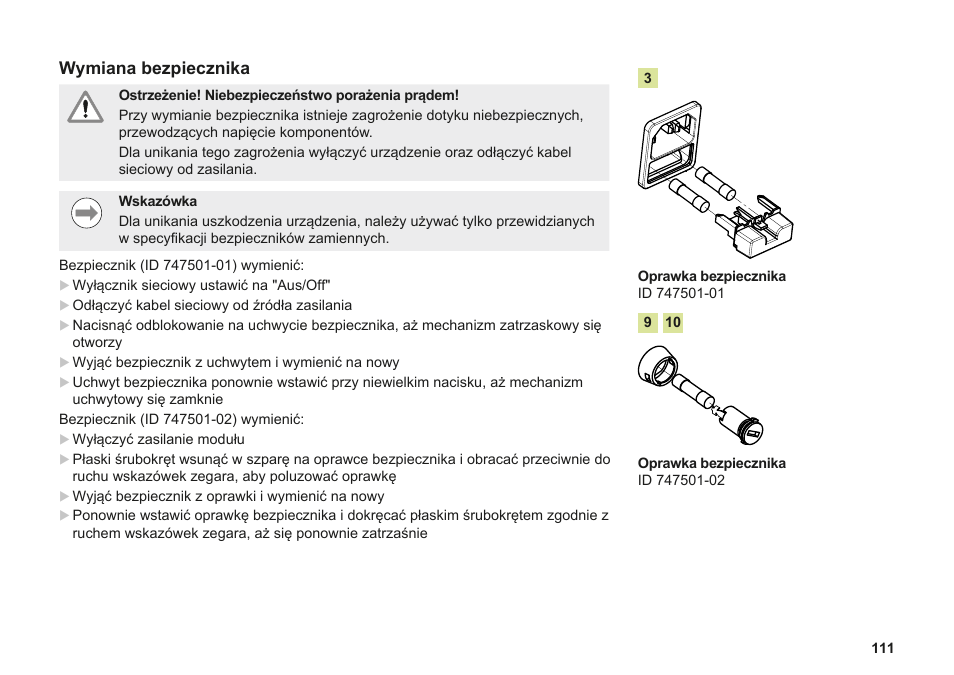 Konserwacja, Wymiana bezpiecznika | HEIDENHAIN MSE 1000 Installation User Manual | Page 111 / 176