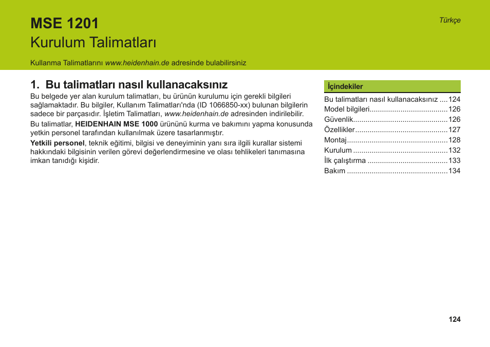 Türkçe, Bu talimatları nasıl kullanacaksınız, Mse 1201 kurulum talimatları | HEIDENHAIN MSE 1000 Installation User Manual | Page 124 / 176