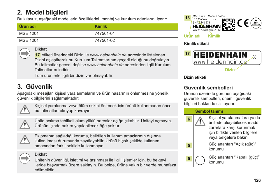 Model bilgileri, Güvenlik, Model bilgileri güvenlik | HEIDENHAIN MSE 1000 Installation User Manual | Page 126 / 176