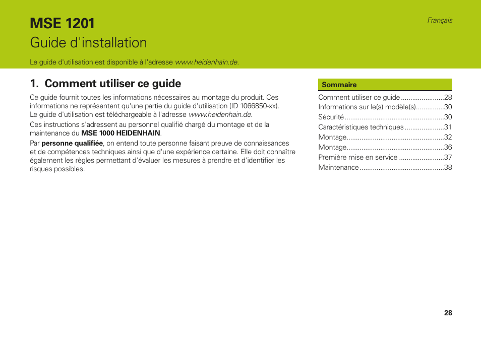 Français, Comment utiliser ce guide, Mse 1201 guide d'installation | HEIDENHAIN MSE 1000 Installation User Manual | Page 28 / 176