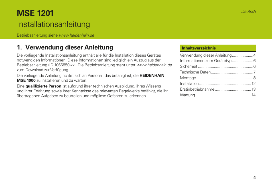 Deutsch, Verwendung dieser anleitung, Mse 1201 installationsanleitung | HEIDENHAIN MSE 1000 Installation User Manual | Page 4 / 176