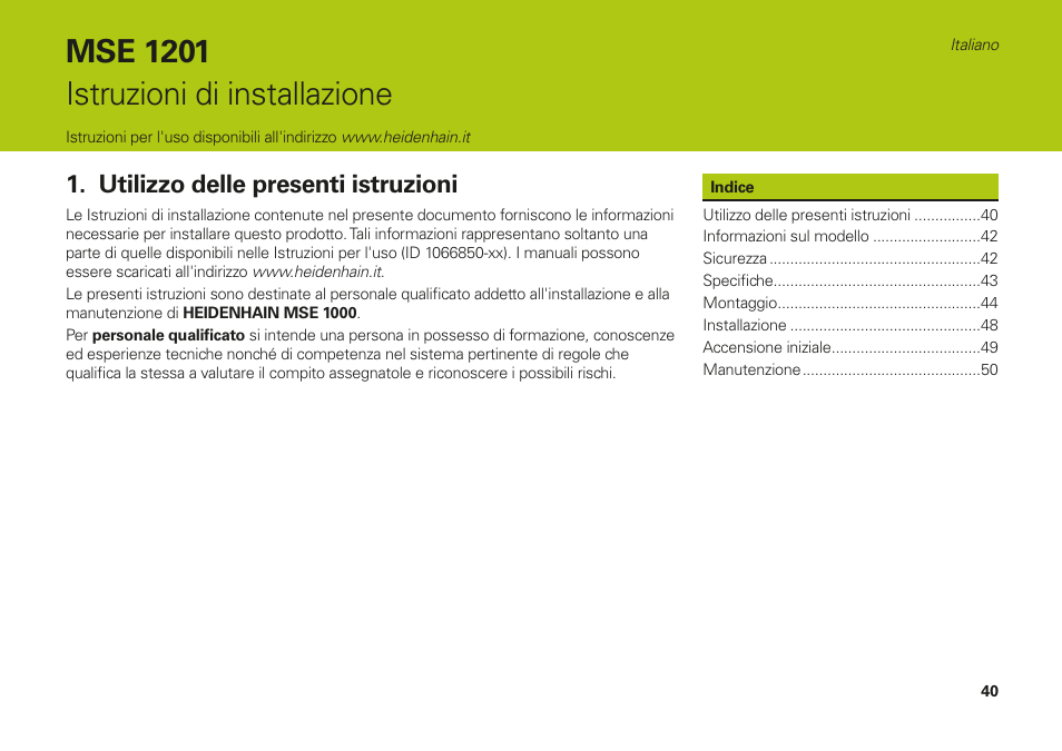 Italiano, Utilizzo delle presenti istruzioni, Mse 1201 istruzioni di installazione | HEIDENHAIN MSE 1000 Installation User Manual | Page 40 / 176