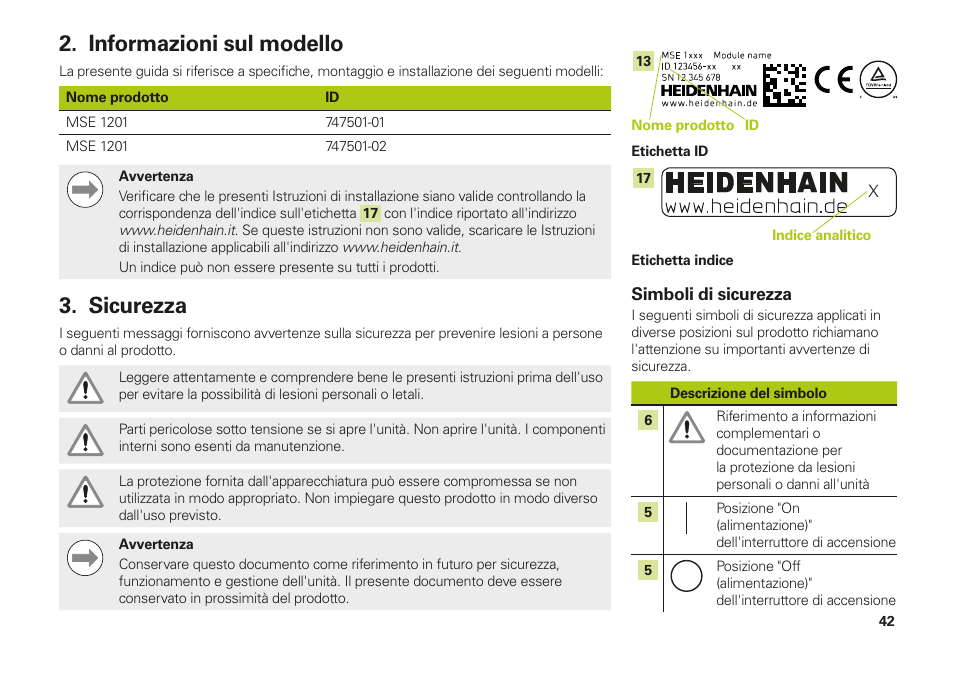 Informazioni sul modello, Sicurezza, Informazioni sul modello sicurezza | HEIDENHAIN MSE 1000 Installation User Manual | Page 42 / 176