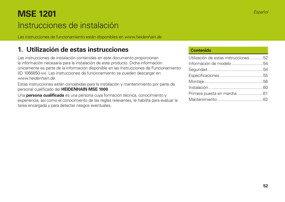 Español, Utilización de estas instrucciones, Mse 1201 instrucciones de instalación | HEIDENHAIN MSE 1000 Installation User Manual | Page 52 / 176