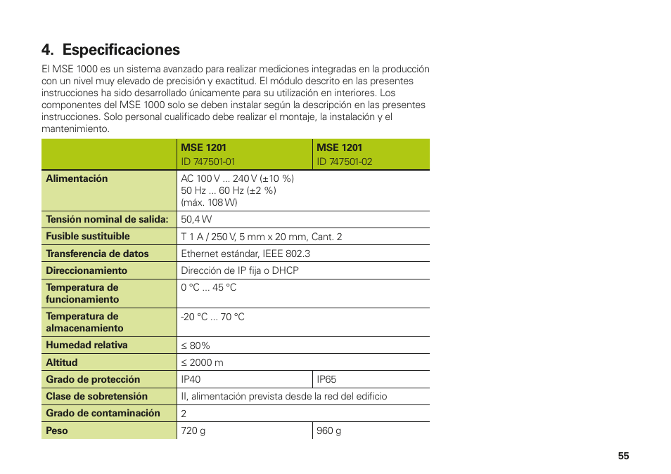 Especificaciones | HEIDENHAIN MSE 1000 Installation User Manual | Page 55 / 176