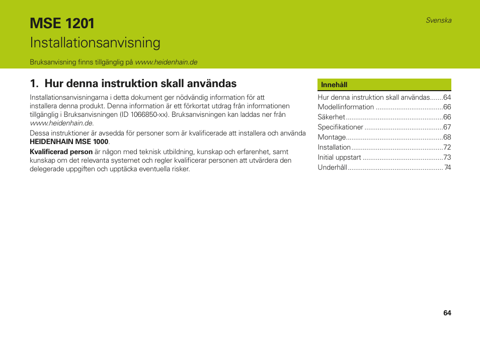 Svenska, Hur denna instruktion skall användas, Mse 1201 installationsanvisning | HEIDENHAIN MSE 1000 Installation User Manual | Page 64 / 176