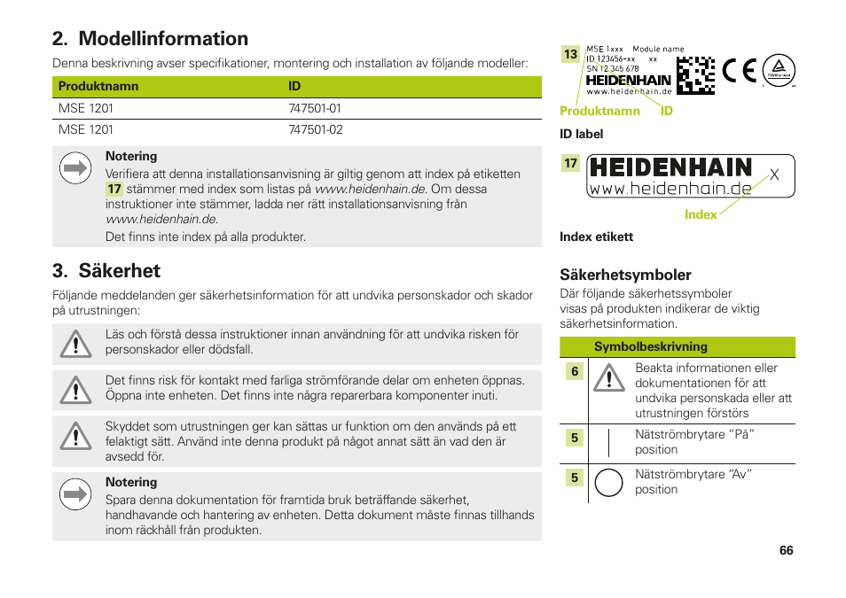 Modellinformation, Säkerhet, Modellinformation säkerhet | HEIDENHAIN MSE 1000 Installation User Manual | Page 66 / 176