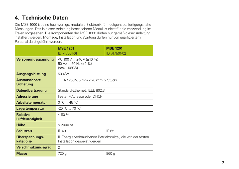 Technische daten | HEIDENHAIN MSE 1000 Installation User Manual | Page 7 / 176