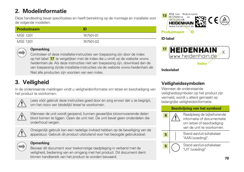 Modelinformatie, Veiligheid, Modelinformatie veiligheid | HEIDENHAIN MSE 1000 Installation User Manual | Page 78 / 176