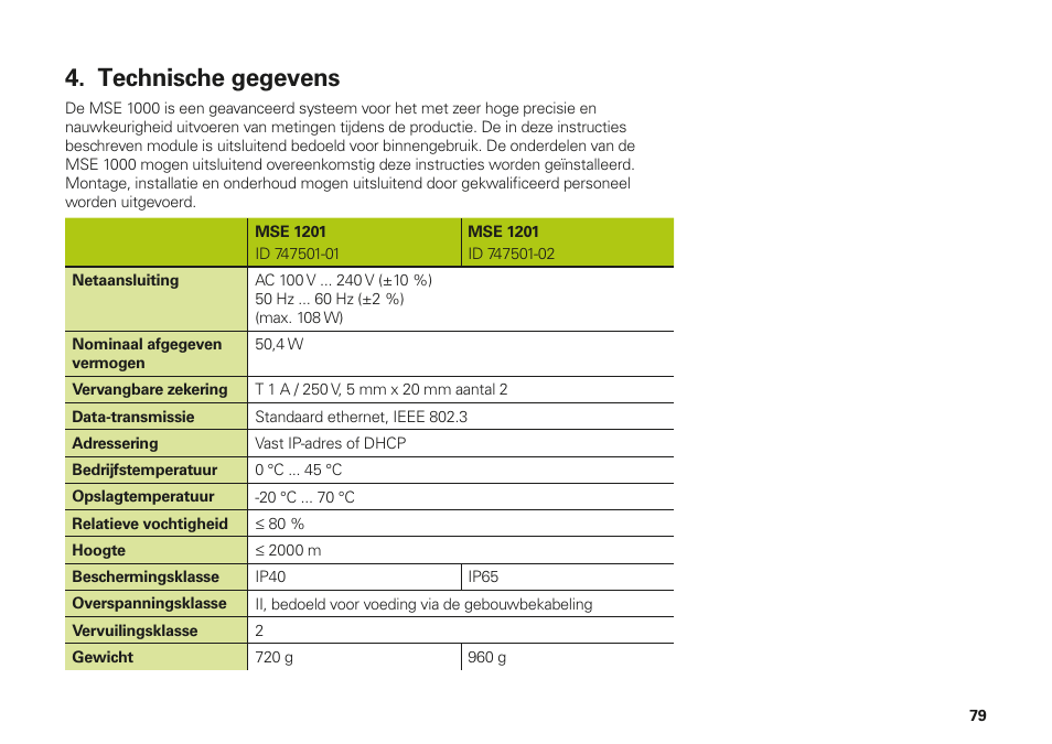 Technische gegevens | HEIDENHAIN MSE 1000 Installation User Manual | Page 79 / 176