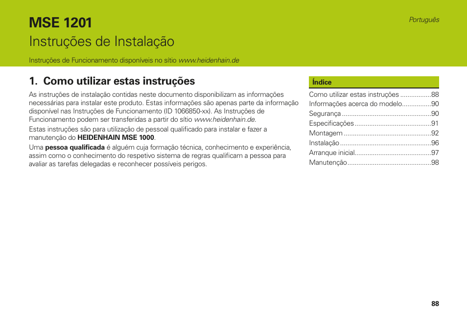 Português, Como utilizar estas instruções, Mse 1201 instruções de instalação | HEIDENHAIN MSE 1000 Installation User Manual | Page 88 / 176