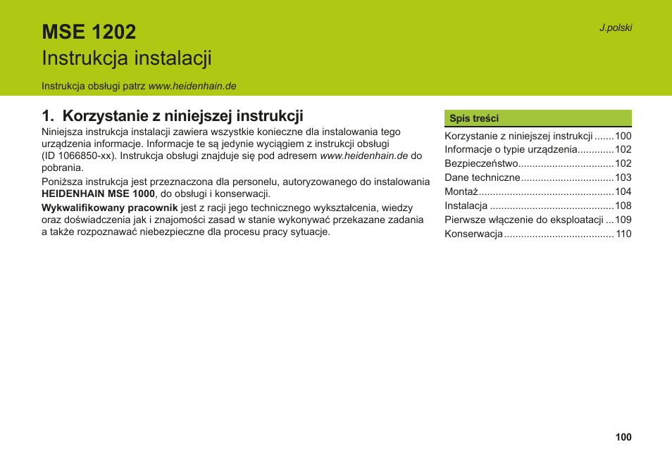 J.polski, Korzystanie z niniejszej instrukcji, Mse 1202 instrukcja instalacji | HEIDENHAIN MSE 1202 User Manual | Page 100 / 176