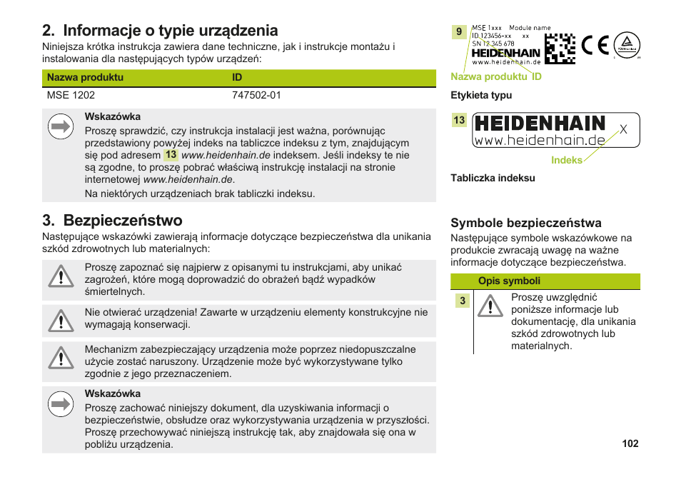 Informacje o typie urządzenia, Bezpieczeństwo, Informacje o typie urządzenia bezpieczeństwo | HEIDENHAIN MSE 1202 User Manual | Page 102 / 176
