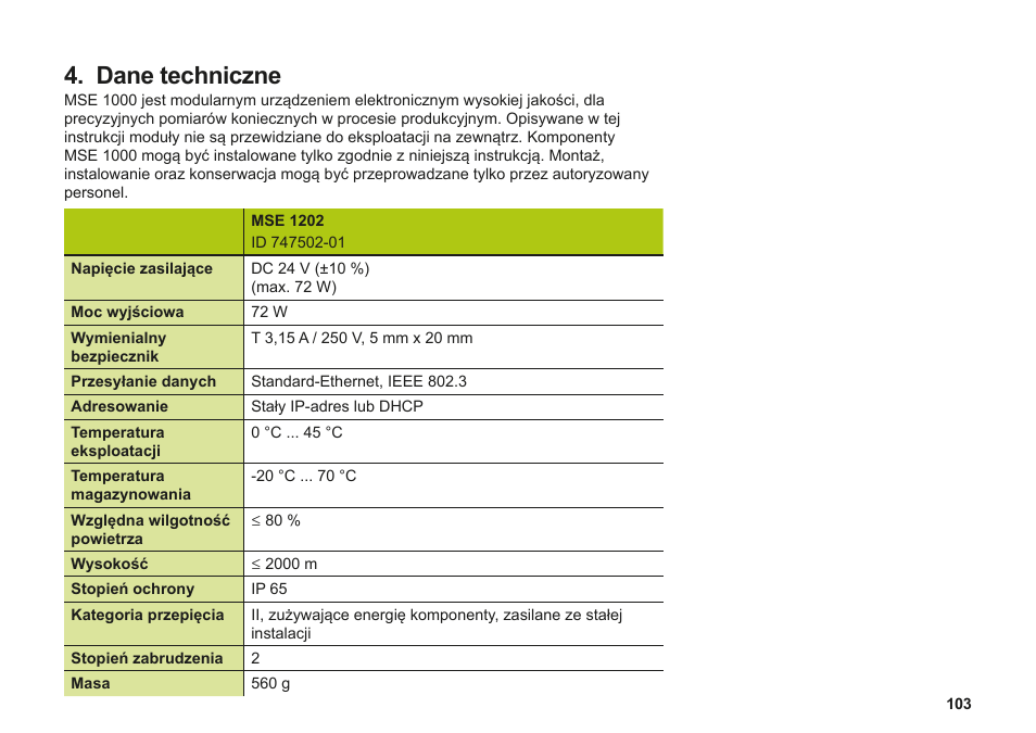 Dane techniczne | HEIDENHAIN MSE 1202 User Manual | Page 103 / 176