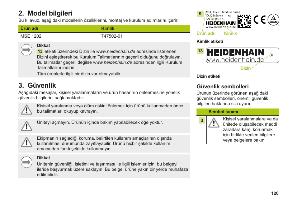 Model bilgileri, Güvenlik, Model bilgileri güvenlik | HEIDENHAIN MSE 1202 User Manual | Page 126 / 176