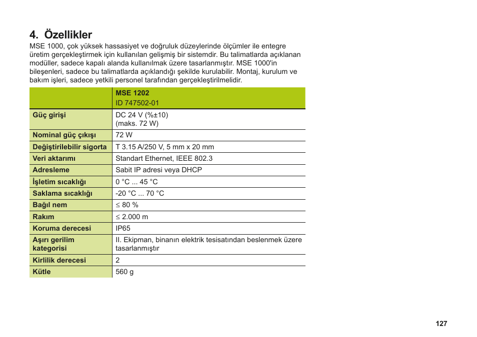 Özellikler | HEIDENHAIN MSE 1202 User Manual | Page 127 / 176