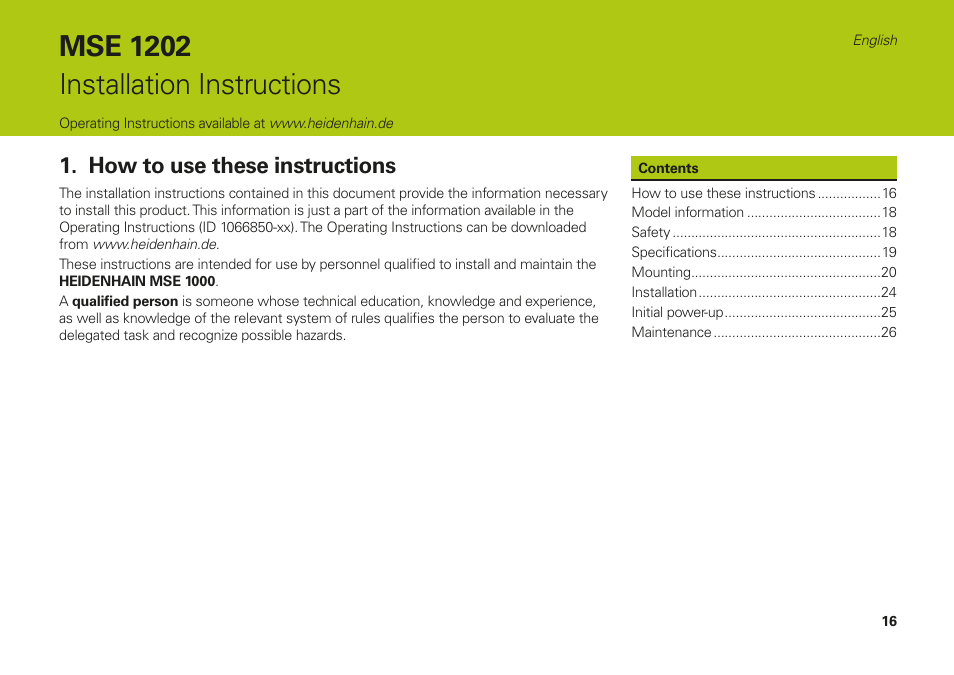 English, How to use these instructions, Mse 1202 installation instructions | HEIDENHAIN MSE 1202 User Manual | Page 16 / 176