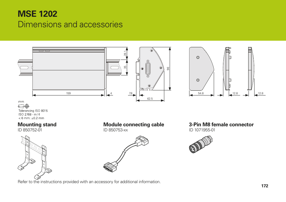 Mse 1202 dimensions and accessories, Mounting stand, Module connecting cable | 3­pin m8 female connector | HEIDENHAIN MSE 1202 User Manual | Page 172 / 176