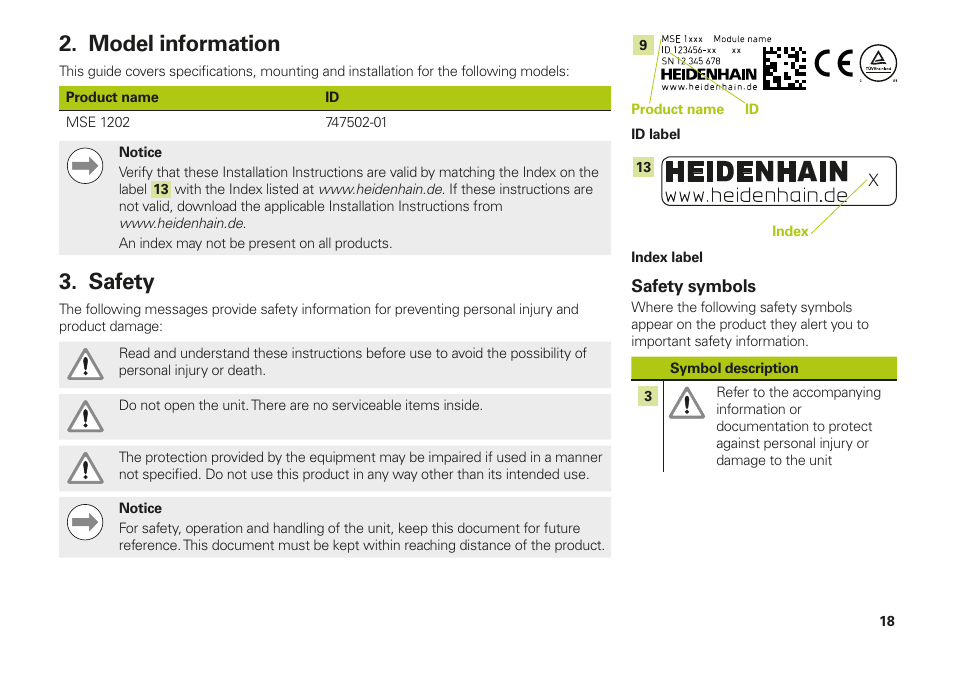Model information, Safety, Model information safety | HEIDENHAIN MSE 1202 User Manual | Page 18 / 176