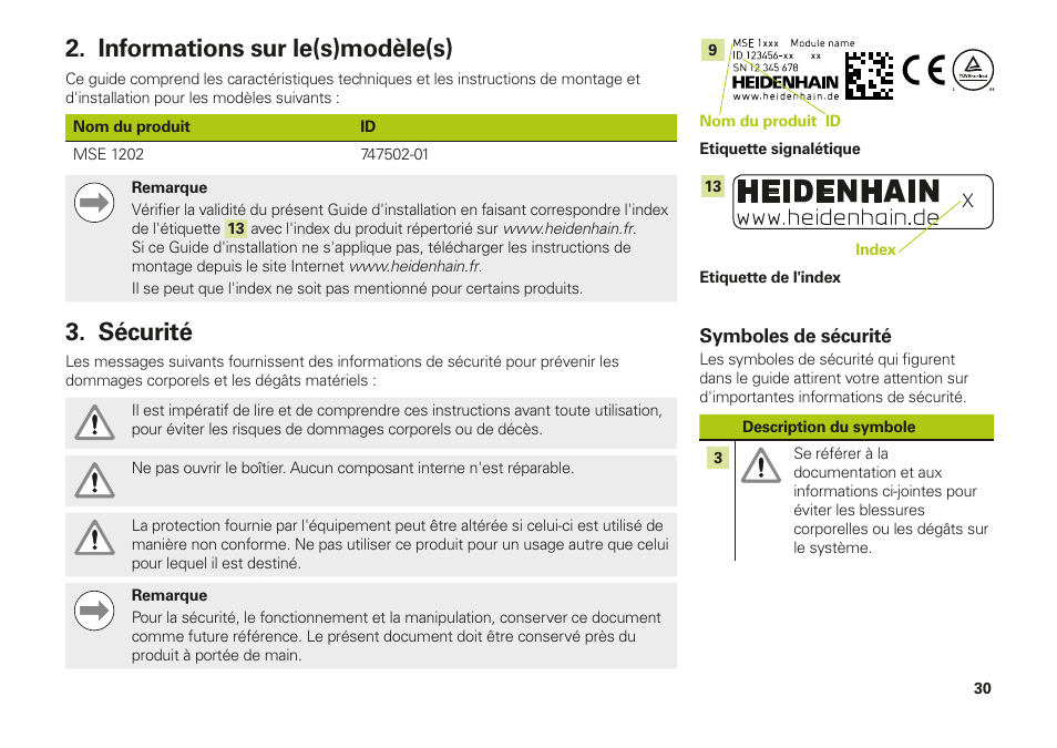 Informations sur le(s)modèle(s), Sécurité, Informations sur le(s)modèle(s) sécurité | HEIDENHAIN MSE 1202 User Manual | Page 30 / 176