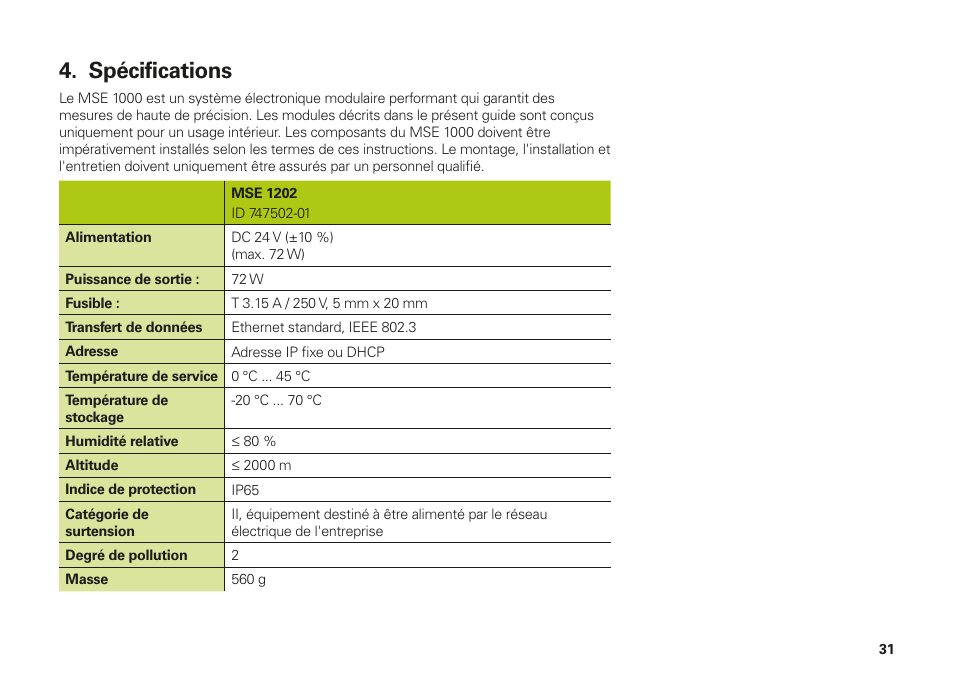 Spécifications | HEIDENHAIN MSE 1202 User Manual | Page 31 / 176