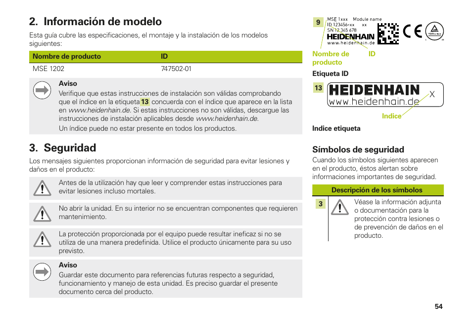 Información de modelo, Seguridad, Información de modelo seguridad | HEIDENHAIN MSE 1202 User Manual | Page 54 / 176